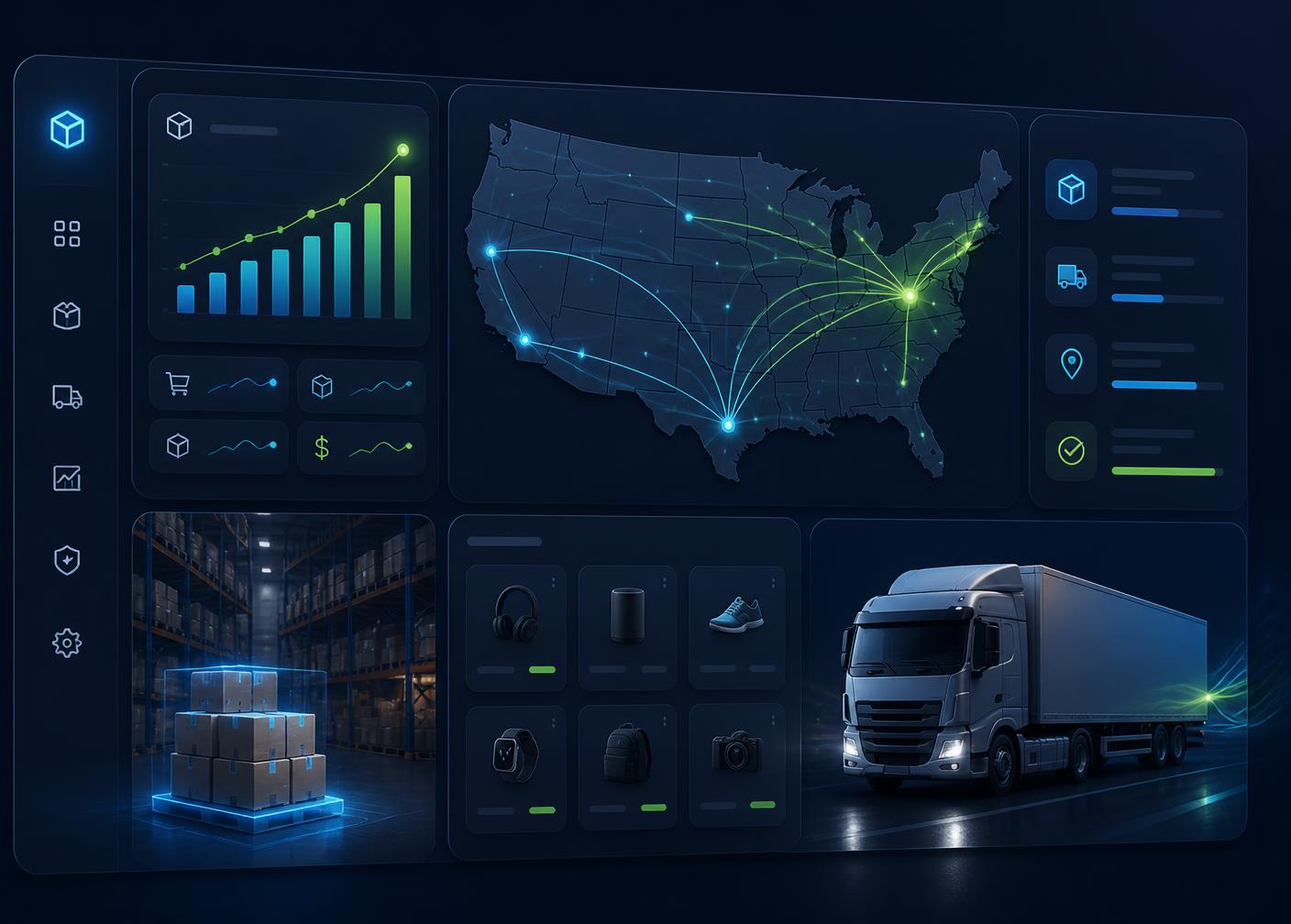 EasyVorpal BD warehouse dashboard showing US shipping routes, live order analytics, and same-day fulfillment